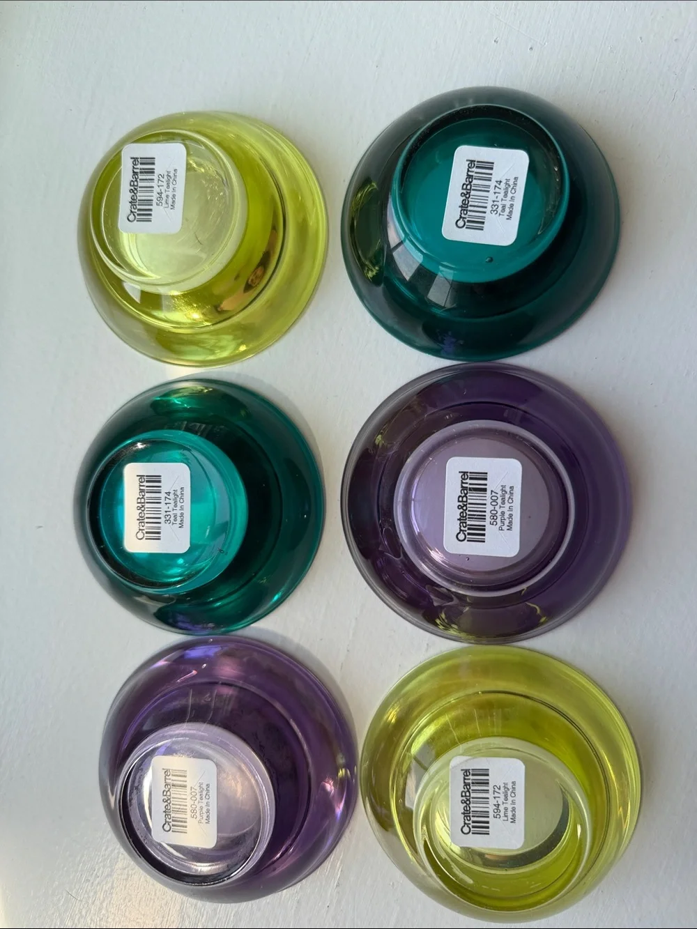 Crate&Barrel Colored Glass Votives in Purple, Teal, and Yellow-Green